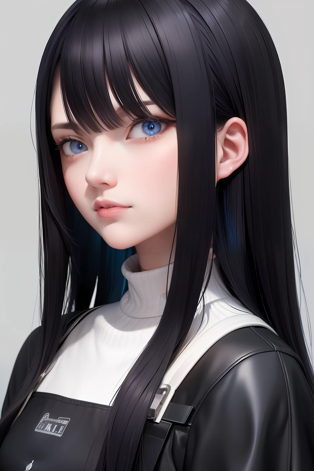 best quality, masterpiece,Black hair, blue eyes, looking up, upper body