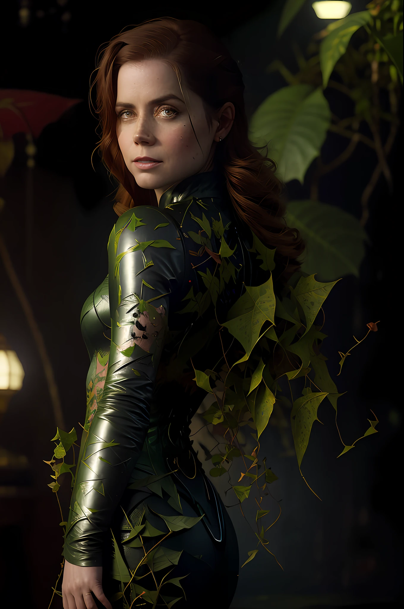 Amy Adams como Ivy Poison, vilã do Batman no estilo DC Comics, com várias plantas carnívoras ao fundo, efeito vhs, (poster: 1.2), cartaz na parede, Nostalgia, pôster do filme, (textura da pele), intrinsecamente detalhado, Detalhes finos, hiperdetalhado, Rastreamento de raio, dispersão subterrânea, iluminação suave difusa, profundidade superficial de campo, por (Oliver Wetter) majestic professional oil painting por Ed Blinkey,  Atey Ghailan, Estúdio Ghibli, por Jeremy Mann, Greg Manchess, Antonio Moro, Tendência na Artstation, tendência na CGSociety, Intrincado, alto detalhe, foco nitído, dramatic painting and photorealistic art por (Greg Rutkowski:1.4), Bokeh