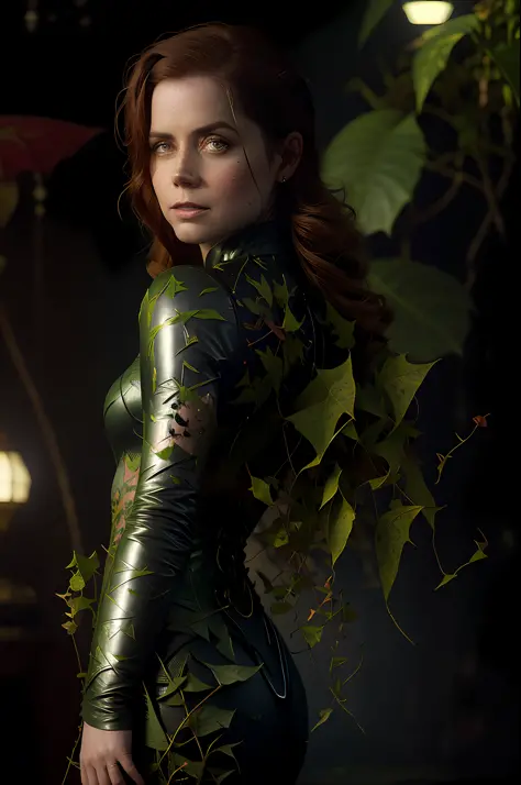 Amy Adams as Ivy Poison DC Comics-style Batman villain with various carnivorous plants in the background, vhs effect, (poster: 1...