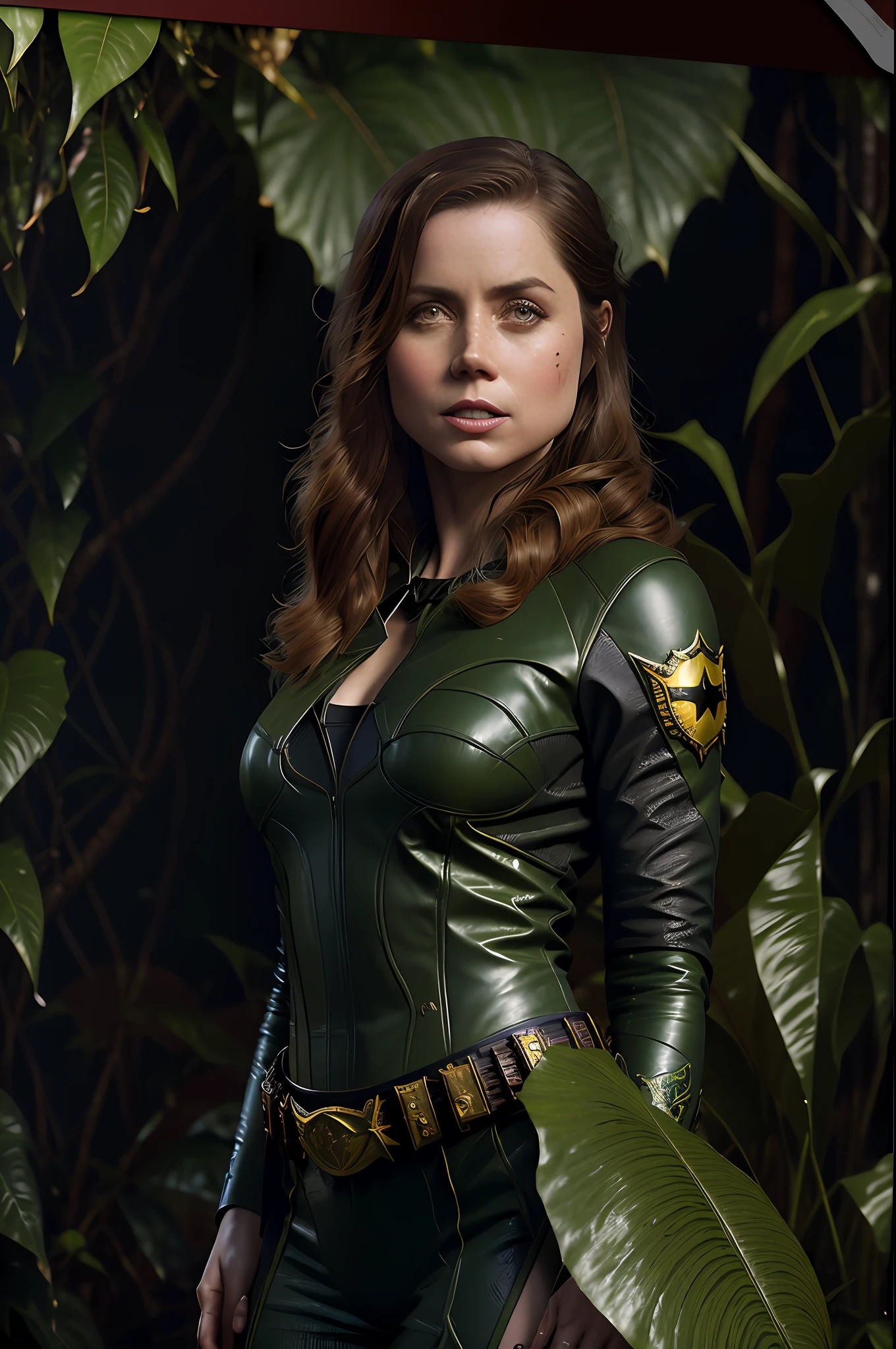 Amy Adams as Ivy Poison DC Comics-style Batman villain with various carnivorous plants and banana leaves in the background, vhs effect, (poster: 1.2), poster on the wall, nostalgia, movie poster, (skin texture), intricately detailed, fine detail, hyperdetailed, ray tracing, subsurface scattering, diffuse soft lighting, shallow depth of field, by (Oliver Wetter) Ed Blinkey's majestic professional oil painting,  Atey Ghailan, Studio Ghibli, by Jeremy Mann, Greg Manchess, Antonio Moro, trend at ArtStation, trend at CGSociety, Intricate, High Detail, Sharp focus, dramatic painting and photorealistic art by (greg rutkowski:1.4), bokeh