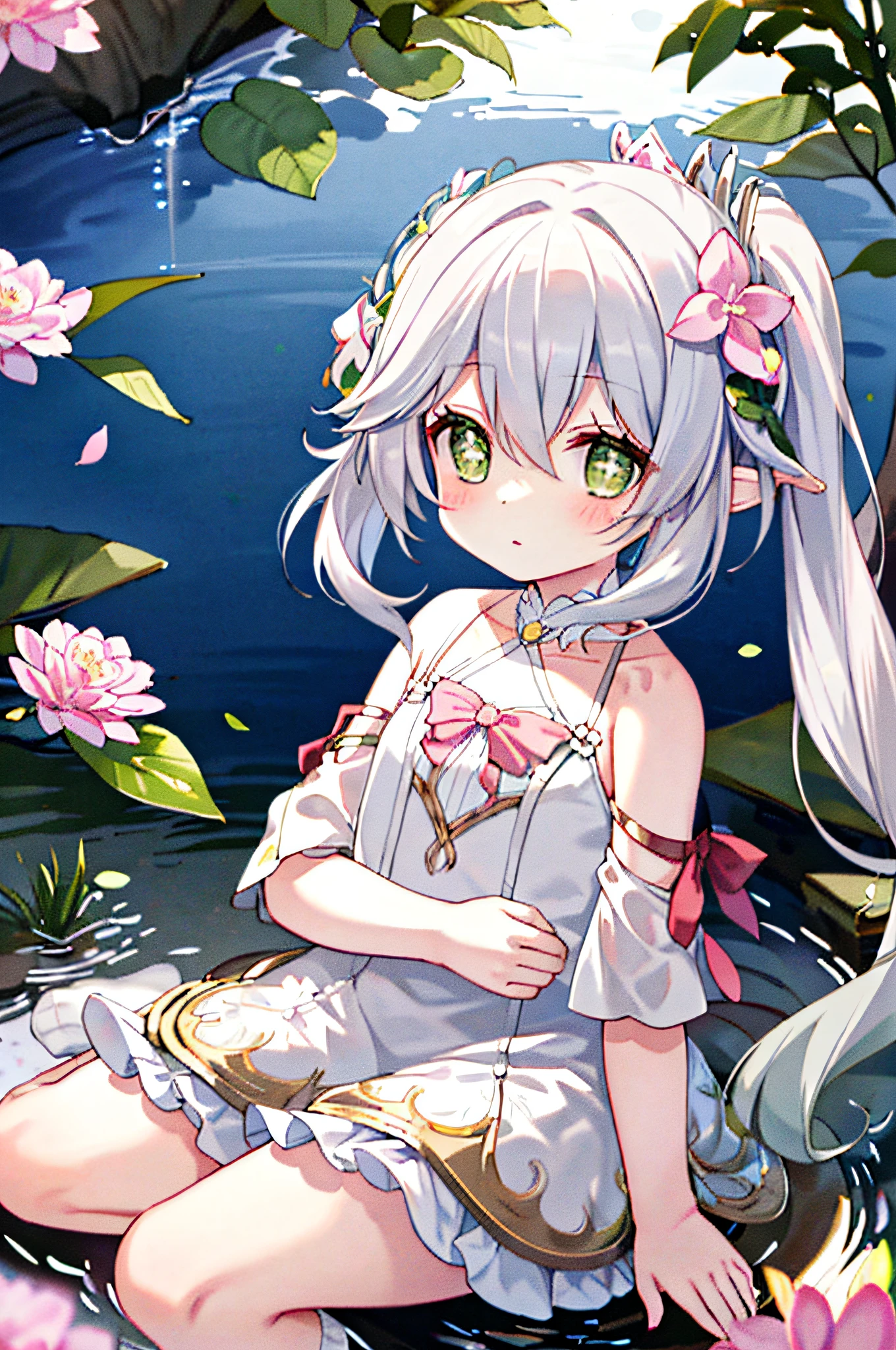 (sitting), (bow), (silver hair), (short hair), (light green eyes), hreat in the eyes, (four-petaled white flower hair ornament: 1.1), (blush), bangs, (a girl in [(nightgown):(((without socks))): 0.4] : 1.2), (bare shoulder), clavicle, (white thighs: 1.2), frilly sleeves, looking at the viewer, [(night: 1.2), peaceful, sky, ((full moon)),stars, house, city, (in a courtyard), water drop,pond,(near pond), tree, flower request, wind: : 0.6 ], (lridescent light refraction), (floating pink petals: 1.2), dreamer