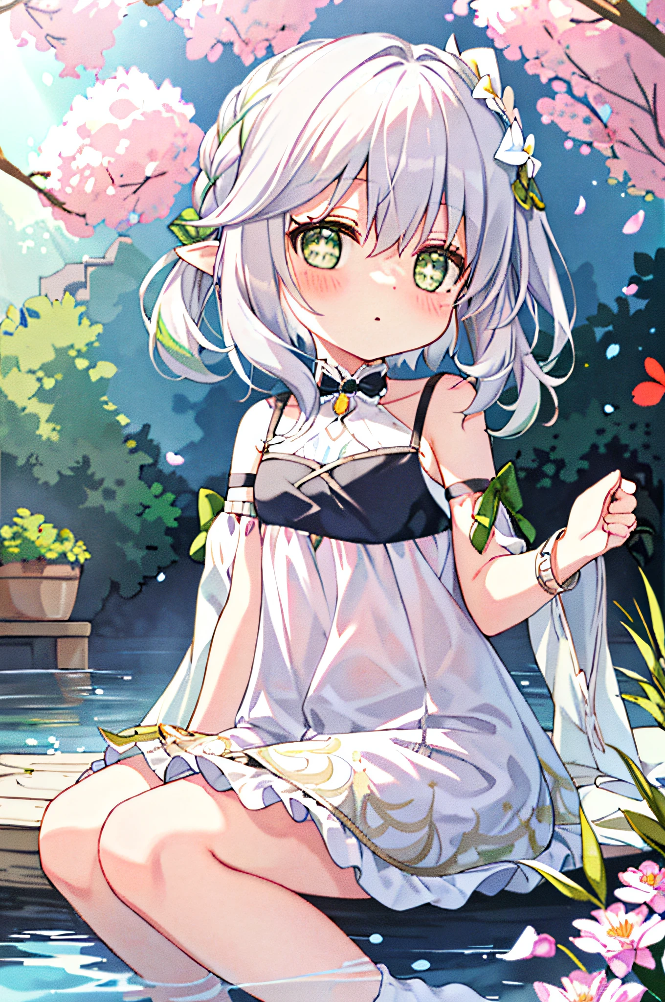 (sitting), (bow), (silver hair), (short hair), (light green eyes), hreat in the eyes, (four-petaled white flower hair ornament: 1.1), (blush), bangs, (a girl in [(nightgown):(((without socks))): 0.4] : 1.2), (bare shoulder), clavicle, (white thighs: 1.2), frilly sleeves, looking at the viewer, [(night: 1.2), peaceful, sky, ((full moon)),stars, house, city, (in a courtyard), water drop,pond,(near pond), tree, flower request, wind: : 0.6 ], (lridescent light refraction), (floating pink petals: 1.2), dreamer