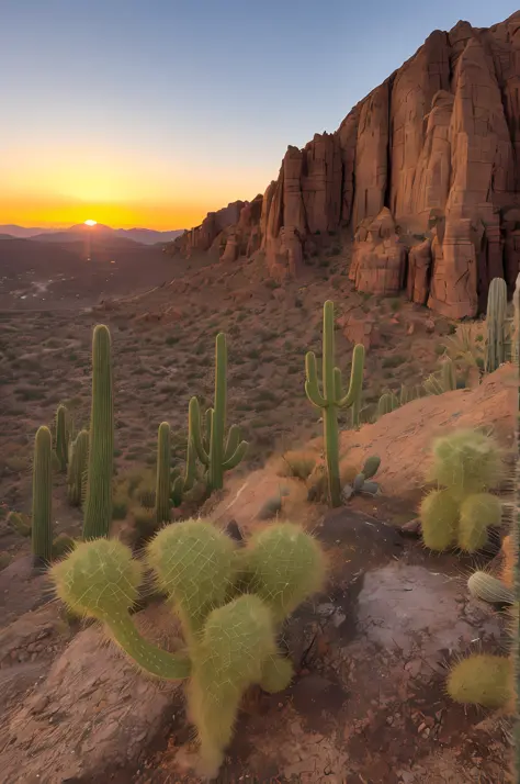 a close up of a cactus plant on a rocky hill with a sunset in the background, arizona desert, beautiful vistas with cacti, deser...