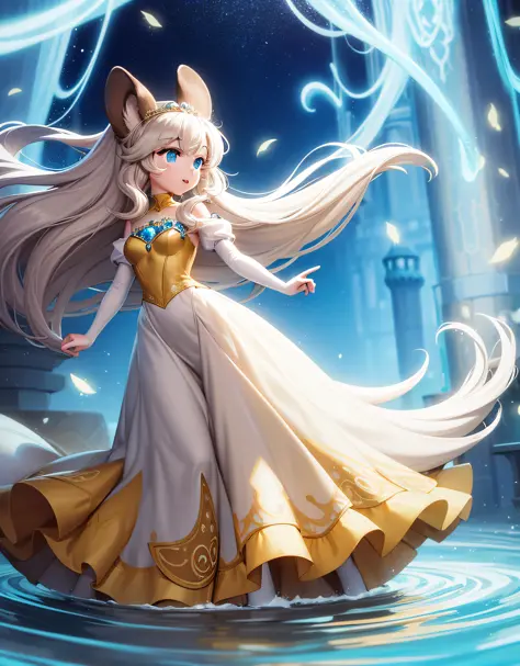 otter, lovely brown and white fur, long curly white hair, a flowing blue and yellow princess gown, hands held out with electrici...