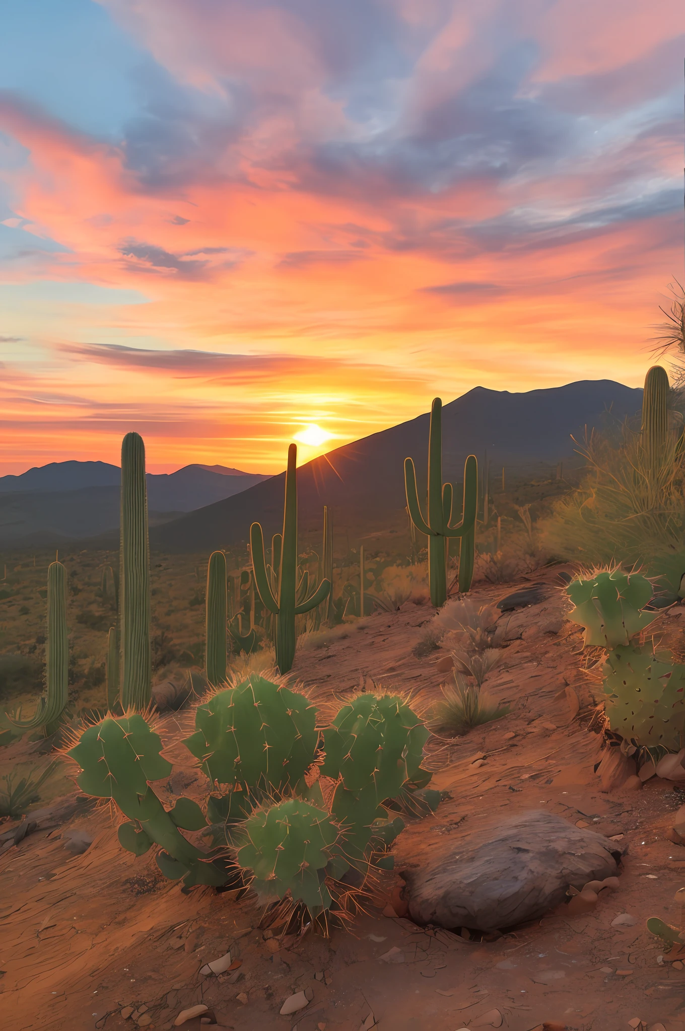 un primer plano de una planta de cactus en una colina rocosa con una puesta de sol en el fondo, desierto de arizona, Hermosas vistas con cactus, fotografía del desierto, tucson arizona, puesta de sol en el desierto, saguaro cacti, colores del desierto, mexican desert, foto ganadora del concurso unsplash, entorno desértico sereno, new mexican desert background, Hermosa puesta de sol en Nuevo México, Desierto de cactus Peyote