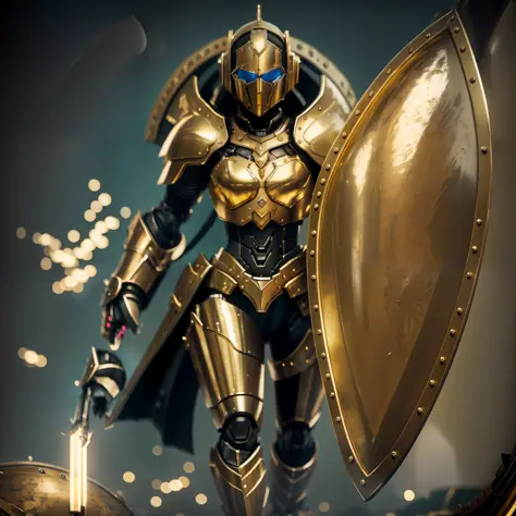 Well-lit image, 8k, high quality. Ultra realistic, Robot with feminine appearance, full body, with legs and arm well visible, from head to toe, wearing black armor with gold details. Holding a shield. Facing the camera.