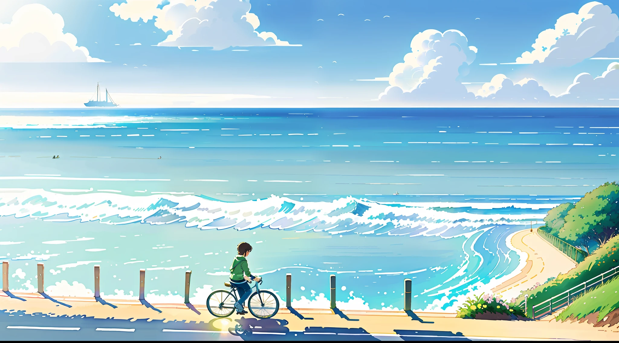 (bike: 1.5), (realistic bike: 1.5), (realistic cyclist: 1.5), back in the foreground, seaside, along the beach, lofi landscape, sun, landscape background, shadows, contrast, makoto shinkai (Best Quality:1.3), (Highres:1) Art by Studio Ghibli Style, Impressionism, Solitude