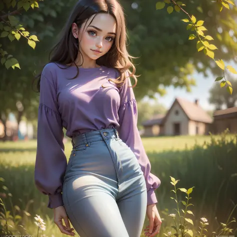 Beautiful body woman with Purple T-shirt and blue jeans isolated
