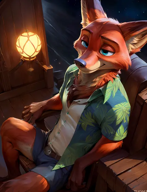 uploaded on e621, by Pixelsketcher, by Bayard Wu, by Thomas Benjamin Kennington , by Einshelm, solo (((wildlife feral))) (((nick wilde))) with ((neck tuft)) and (fluffy tail) and ((clear navy blue eyes)), (( portrait)), BREAK, ((wear green and blue hawaii ...
