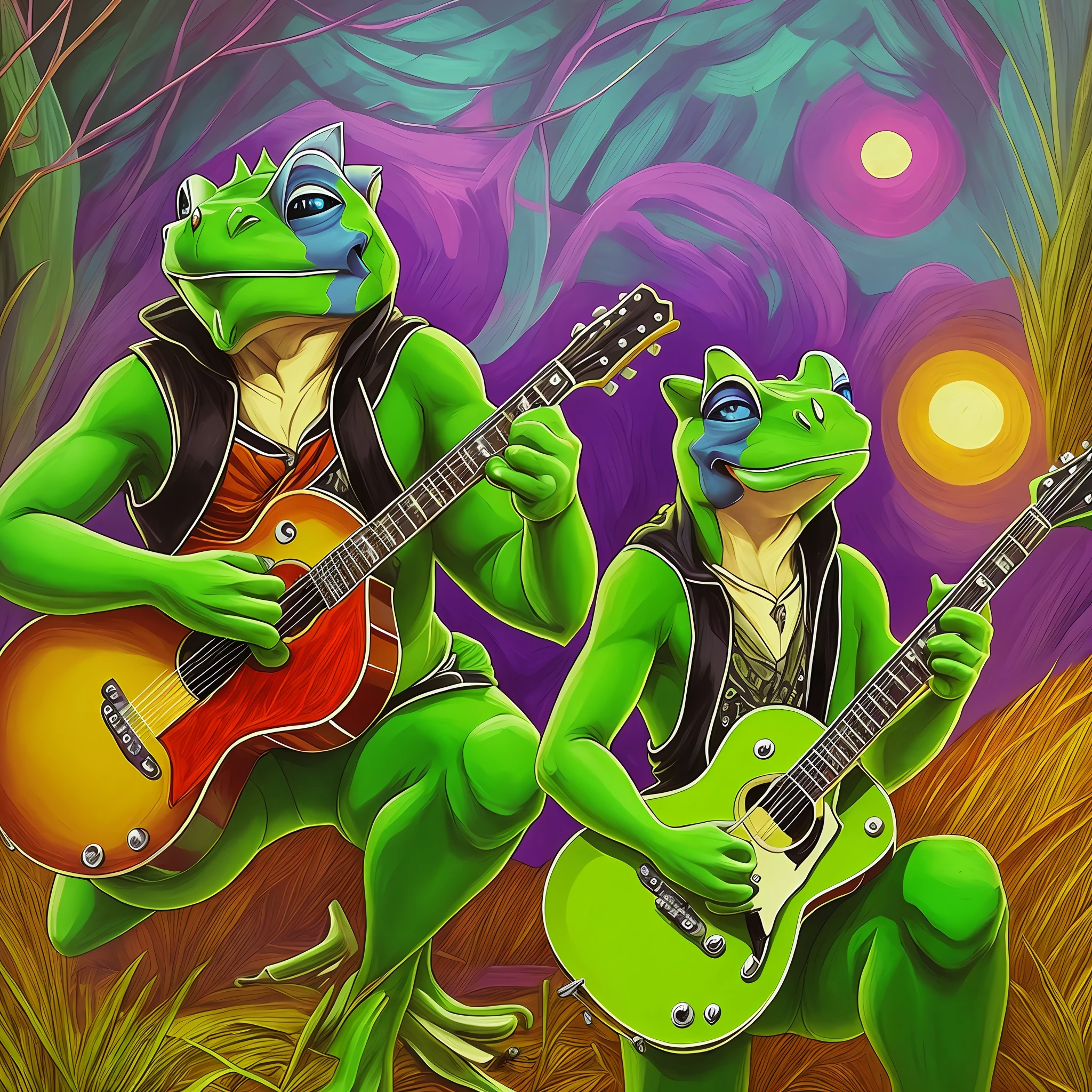 One frog playing guitar, another frog singing, another frog on