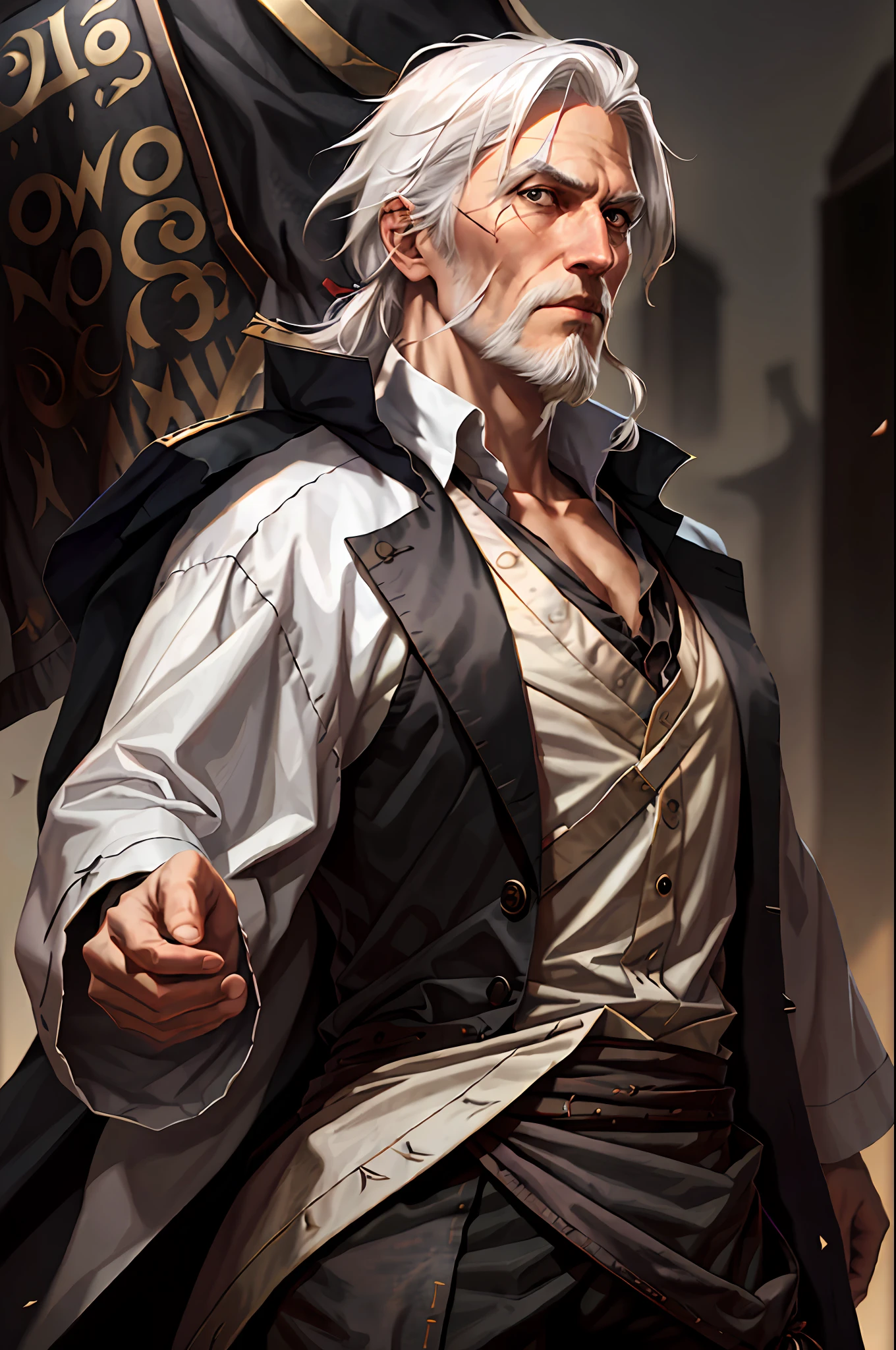 hombre, pirata, inglés, pelo blanco liso, barba blanca, scar on eye, fuerte y alto, relativamente viejo, ropa negra.