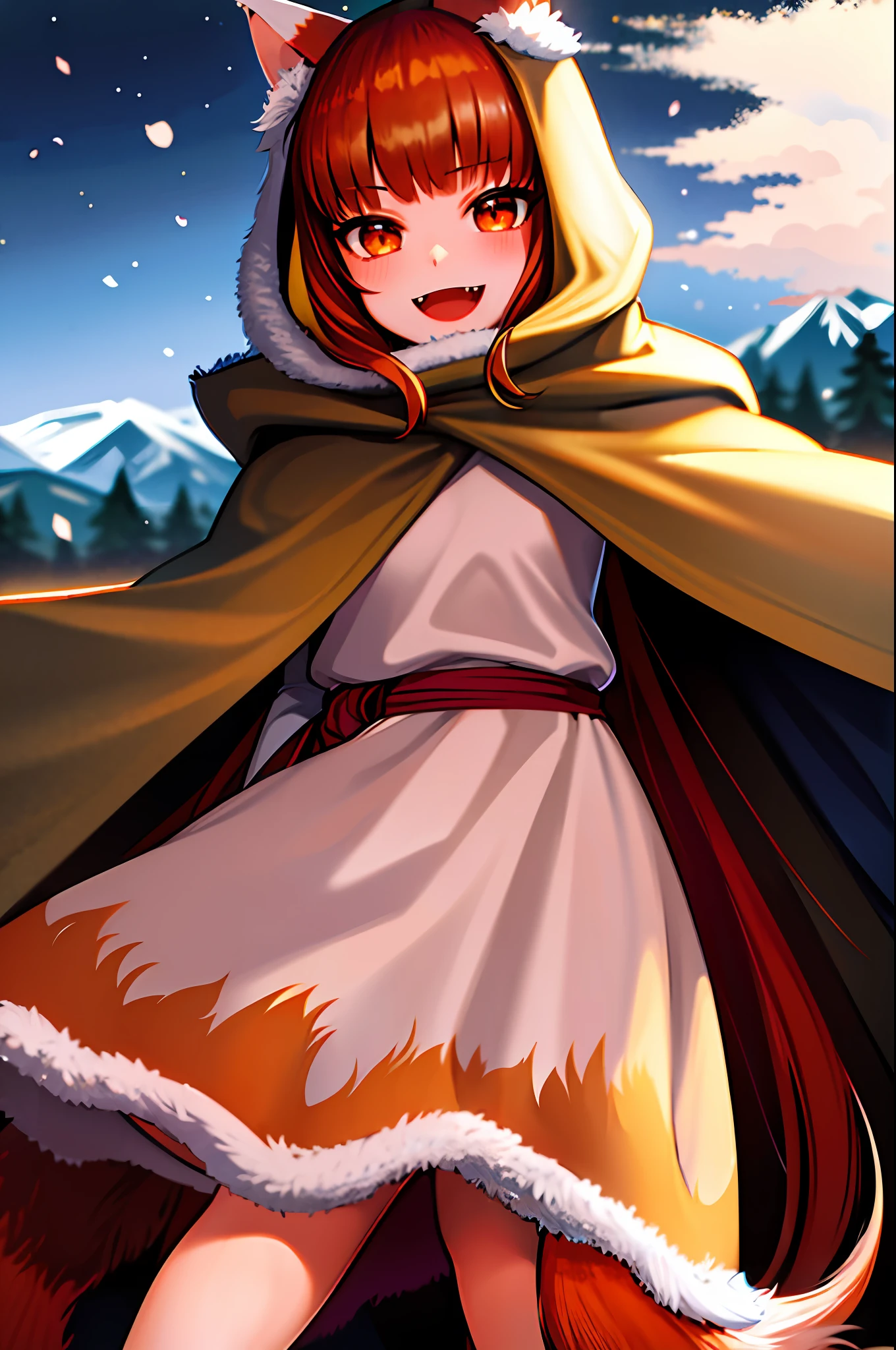 (holo:1.5), (holoCoat:1.5), masterpiece, best quality, absurdres, 1girl, looking at viewer, standing, upper body, leaning forward, outdoors, forest, snow, fur-trimmed jacket, pouch, sash, open mouth, fang, smile