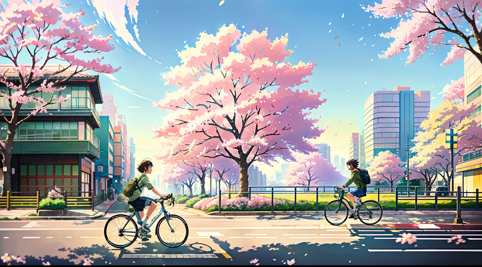 (bike: 1.5), (realistic bike: 1.5), (realistic cyclist: 1.5), tokyo, cherry blossoms, streets, urban architecture, japan, sunset, landscape background, shadows, contrast, makoto shinkai (best quality: 1.3), (Highres:1) Art by Studio Ghibli Style, Impressionism, Solitude