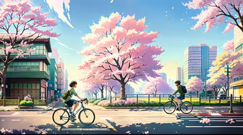 (bike: 1.5), (realistic bike: 1.5), (realistic cyclist: 1.5), tokyo, cherry blossoms, streets, urban architecture, japan, sunset...