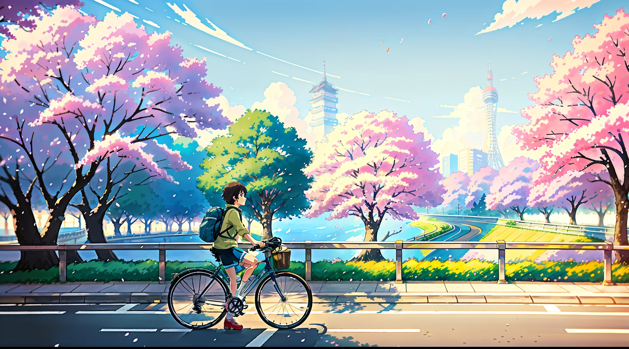 (bike: 1.5), (realistic bike: 1.5), (realistic cyclist: 1.5), tokyo, cherry blossoms, streets, urban architecture, japan, sunset, landscape background, shadows, contrast, makoto shinkai (best quality: 1.3), (Highres:1) Art by Studio Ghibli Style, Impressionism, Solitude