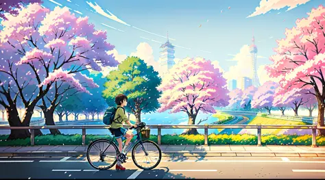 (bike: 1.5), (realistic bike: 1.5), (realistic cyclist: 1.5), tokyo, cherry blossoms, streets, urban architecture, japan, sunset...