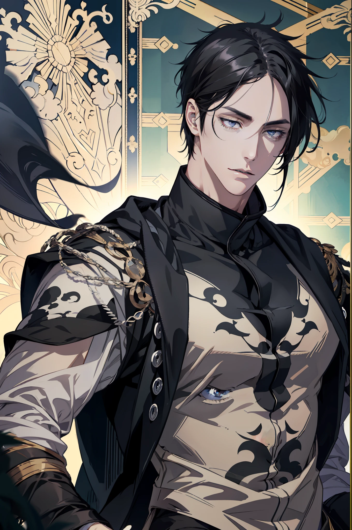 (absurd, high resolution, ultra detailed), 1 man, adult, handsome, tall and muscular boy, broad shoulders, finely detailed eyes and detailed face, short black hair, sasuke, onyx colored eyes, aristocrat, magnificent background, shadow effect, throne,