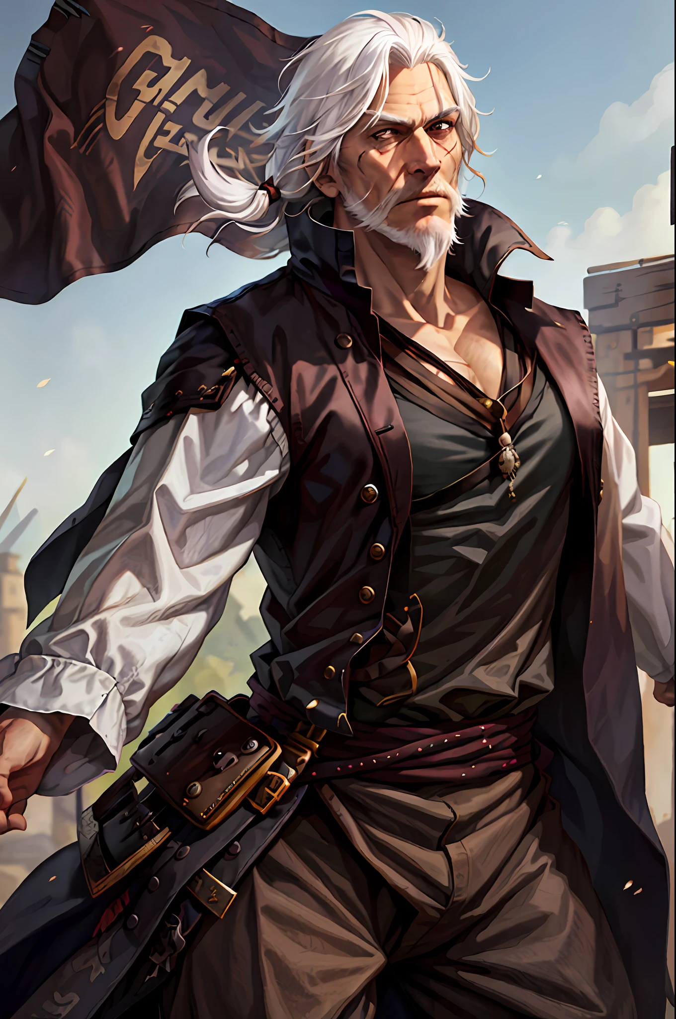 Mann, Pirat, Engländer, glattes weißes Haar, weißer Bart, Narbe am Auge, stark, Riese, relativ alt, schwarze Kleidung.