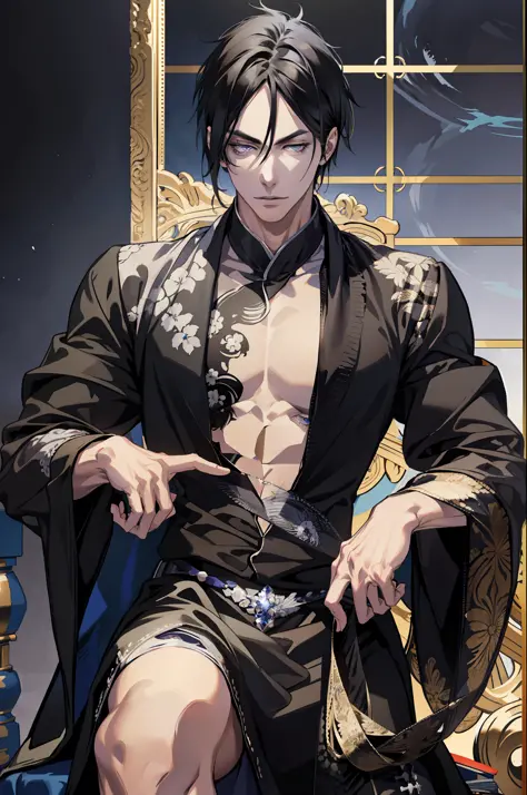 (absurd, high resolution, ultra detailed), 1 man, adult, handsome, tall and muscular boy, broad shoulders, finely detailed eyes and detailed face, short black hair, sasuke, onyx colored eyes, aristocrat, magnificent background, shadow effect, throne,