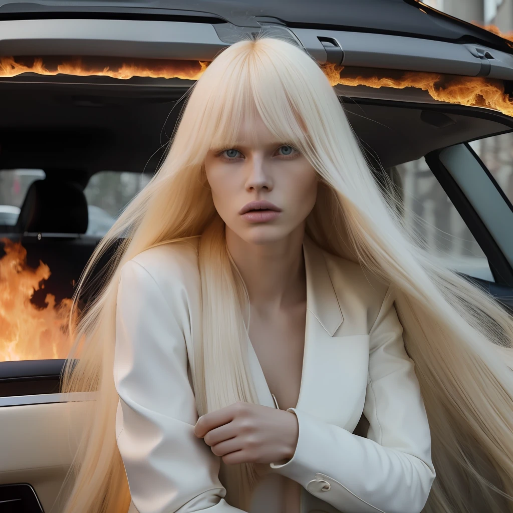 Blond woman with long hair sitting in a car with flames - SeaArt AI