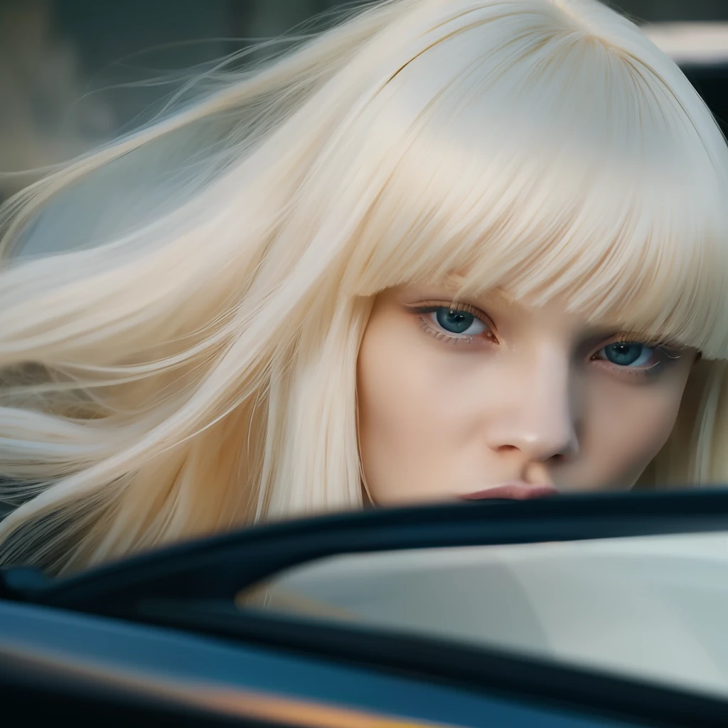 Blond woman with blue eyes and long blond hair in a car - SeaArt AI