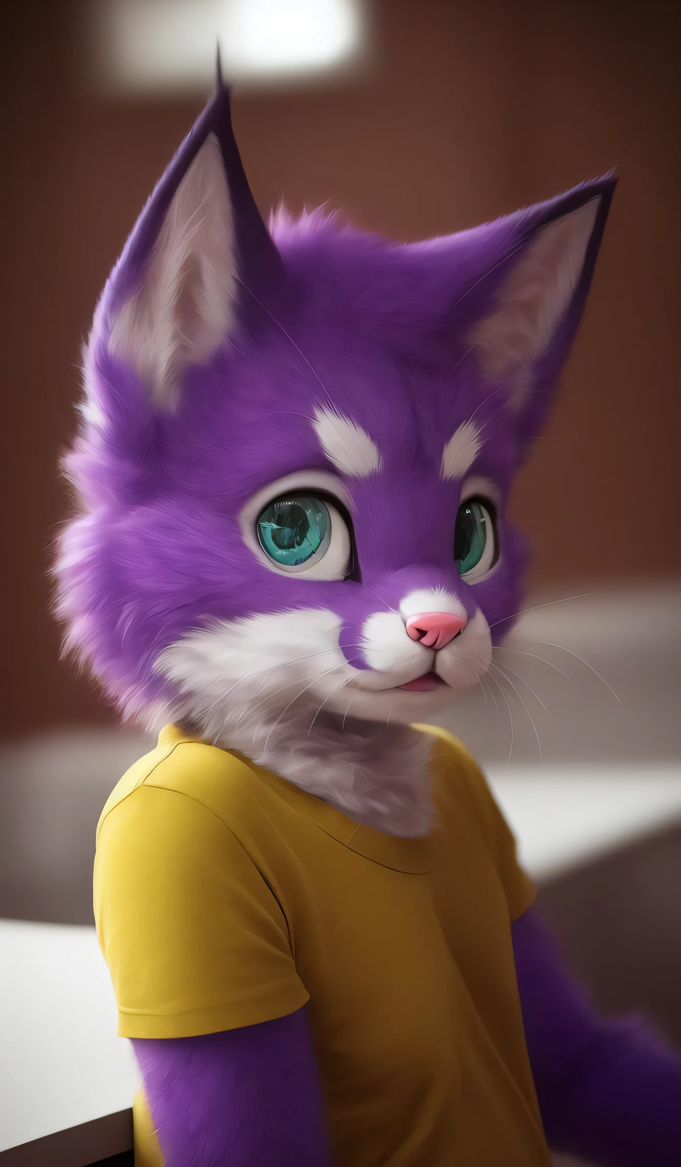 , mammal, anthro, clothing, male, solo, fur, whiskers, felid, multicolored body, multicolored fur, clothed,  white body, purple fur, hi res, purple body, two tone fur, bust portrait, topwear, two tone body, blurred background, white fur, detailed, real, detailed fur, pink nose, looking at viewer, shirt