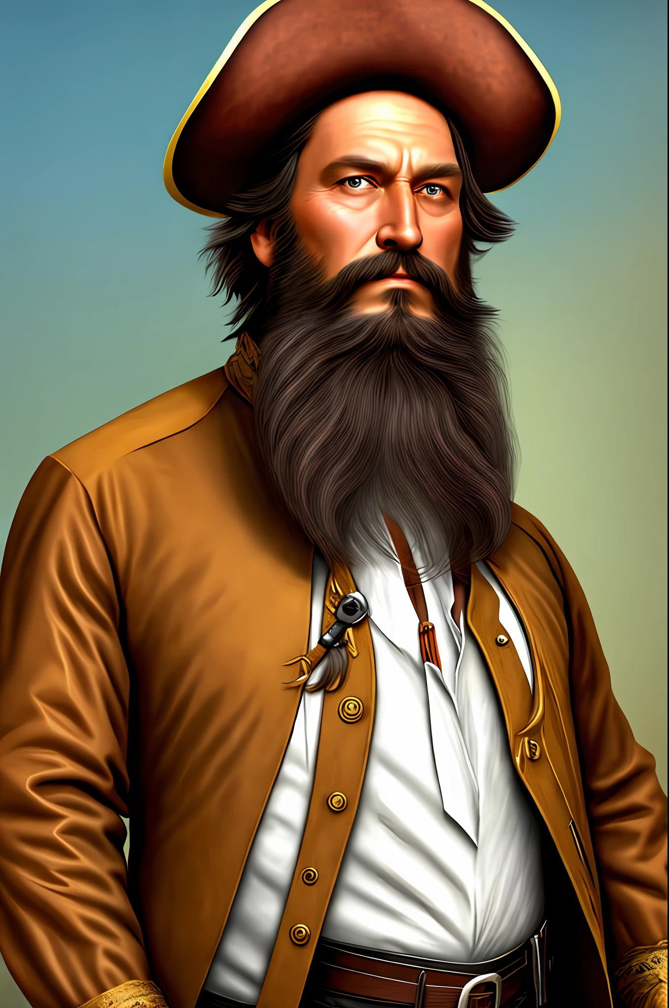 Homme, Américain, longs cheveux bruns, pirate, grande barbe, brunette, grand et relativement fort, un peu vieux.