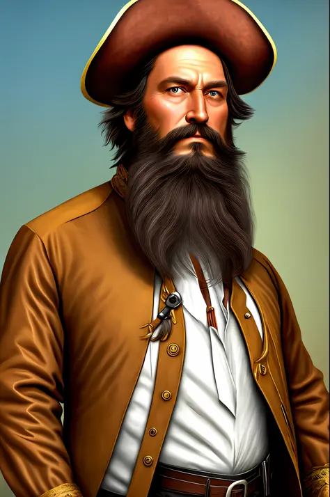 Man, American, long brown hair, pirate, big beard, brunette, tall and relatively strong, a little old.