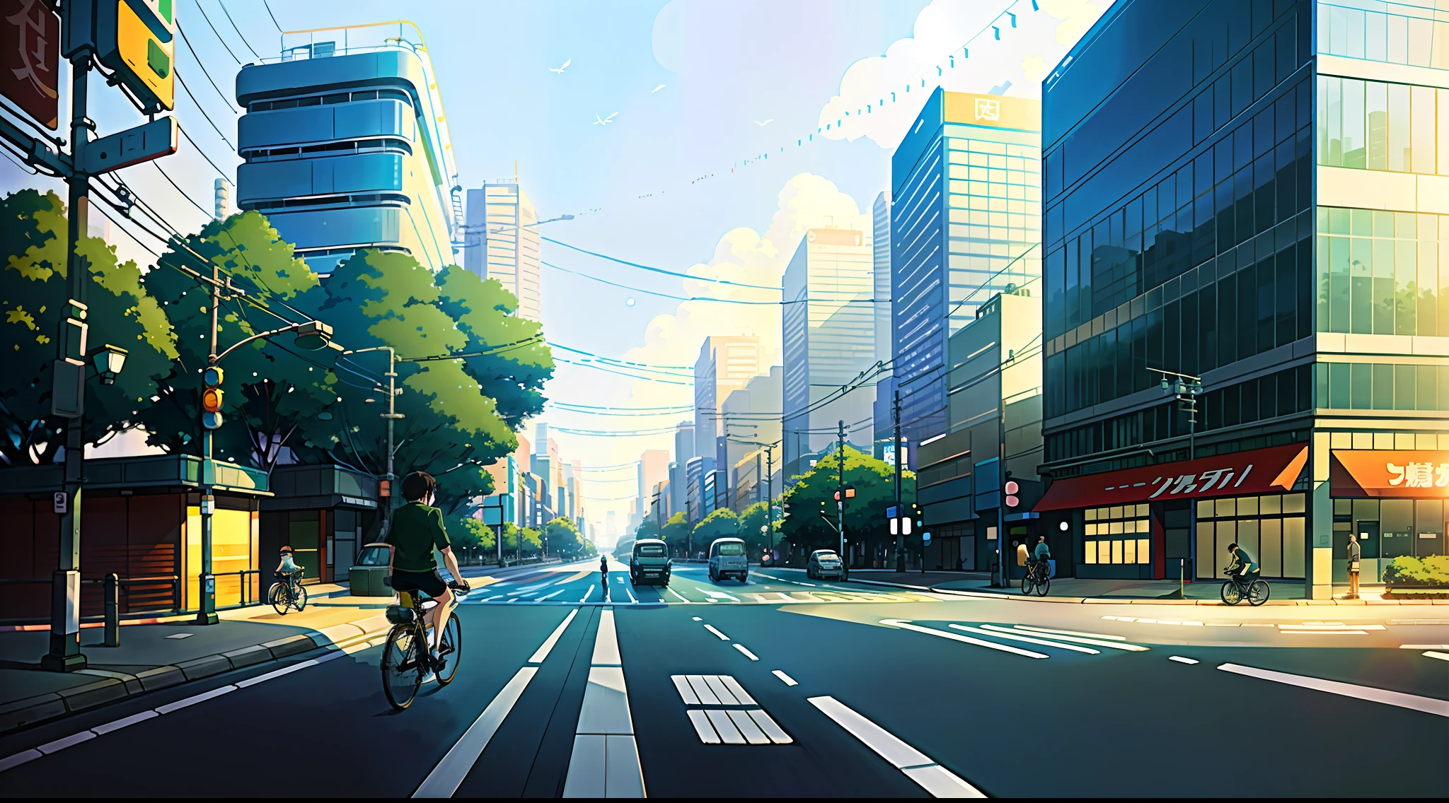 (bike: 1.5), (realistic bike: 1.5), (realistic cyclist: 1.5), solo cyclist, tokyo, shibuya, urban architecture, japan, night, shadows, contrast, makoto shinkai (best quality:1.3), (Highres:1) Art by Studio Ghibli Style, Impressionism, Solitude