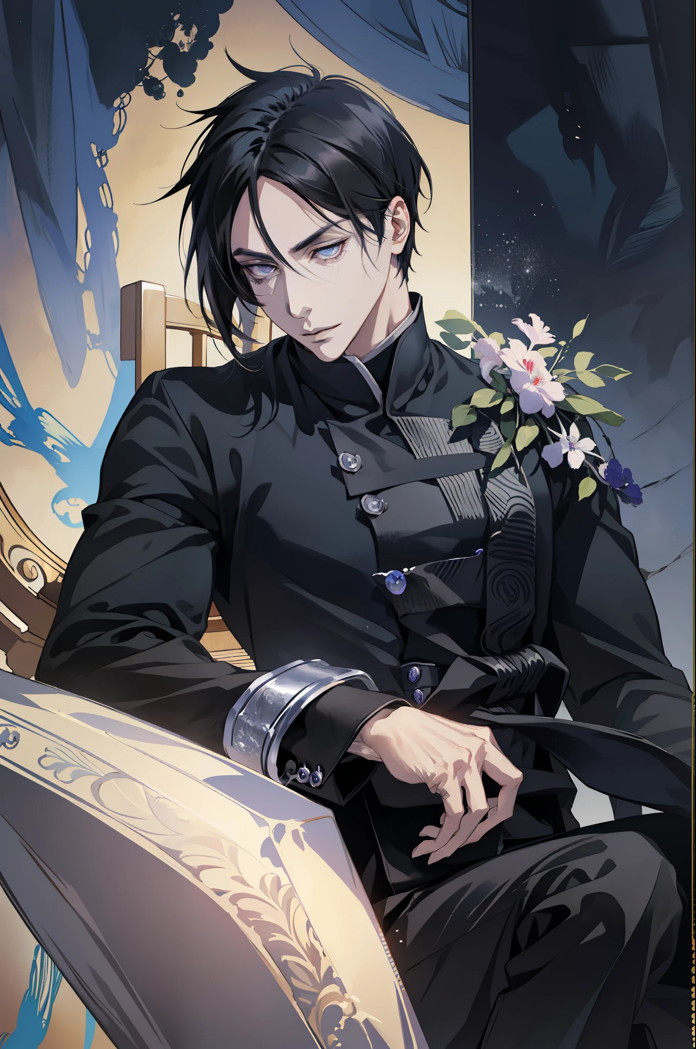 (absurd, high resolution, ultra detailed), 1 man, adult, handsome, tall and muscular boy, broad shoulders, finely detailed eyes and detailed face, short black hair, sasuke, onyx colored eyes, aristocrat, magnificent background, shadow effect, throne,(anime), sasuke uchiha.