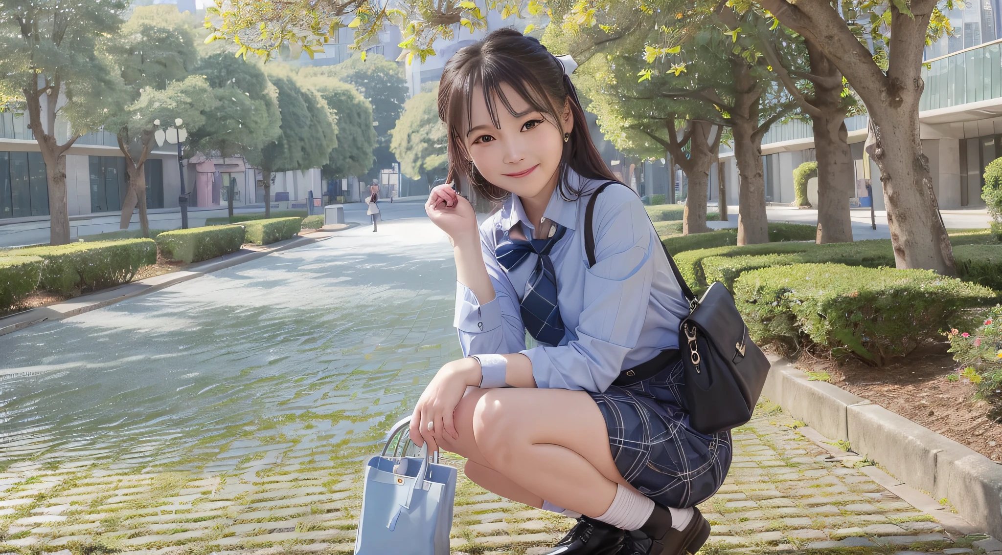 Very Smile,(Best Quality),(Masterpiece),(Super Detail),(Hi-Res),(8K Portrait),Production Art,Full Body,Hanazono Park,Squatting,Flower Garden,Hands Tucked Between Crotch,Open Legs,Single,Solo,Cute,Cityscape,Day,Blue Sky,(Wind:1.4),Delicate Face,Small Head,Brown Eyes,Short Sleeved Uniform,Silver-Blue Striped Tie,Blue Tartan Skirt,Black tote bag, smile, happiness,