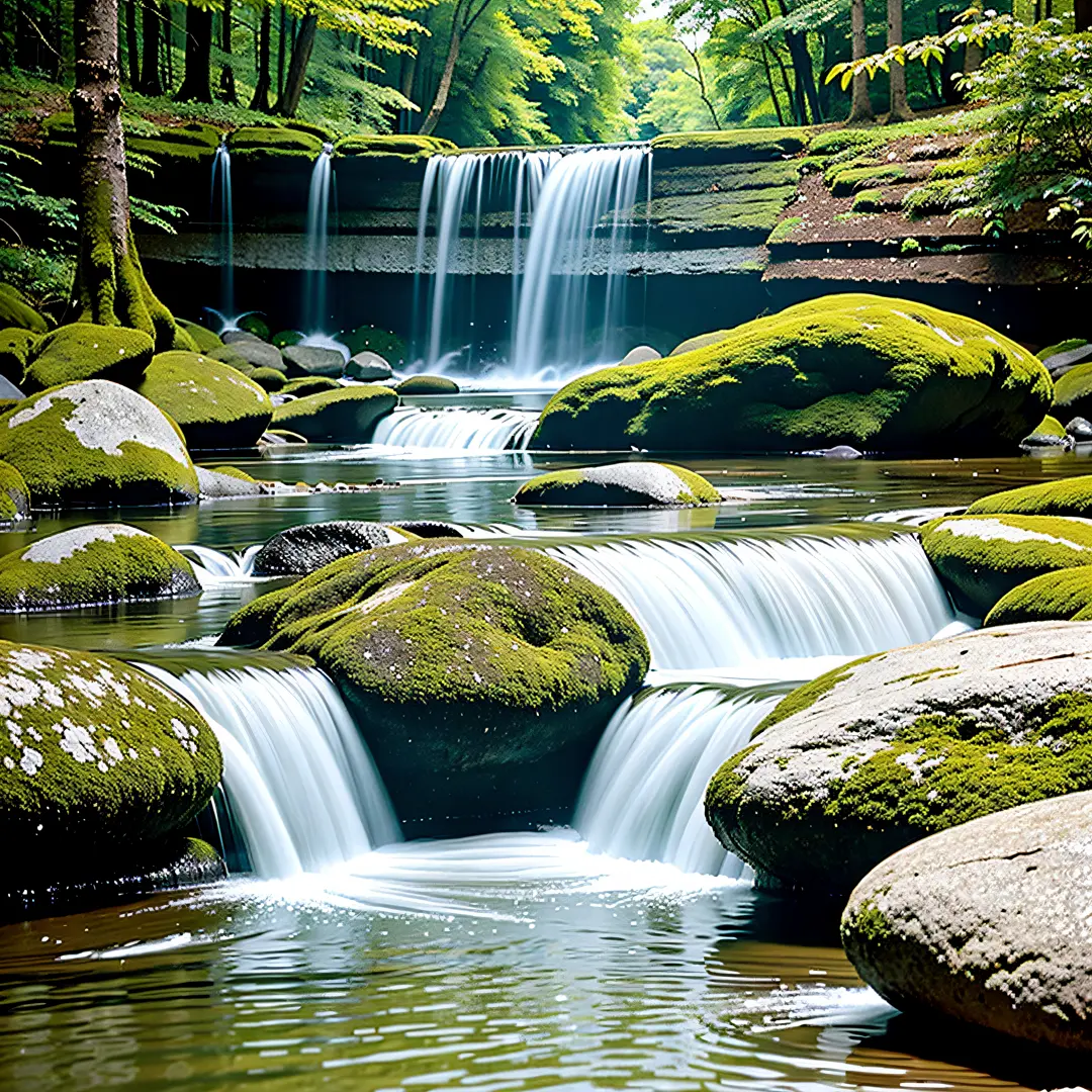 @(waterfall)river gushing between two rocks, illuminated by the setting sun, surrounded by a dense forest rich in colors, surrou...