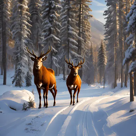 red deer, big horns, snowy weather , forest background, golden hour --auto --s2