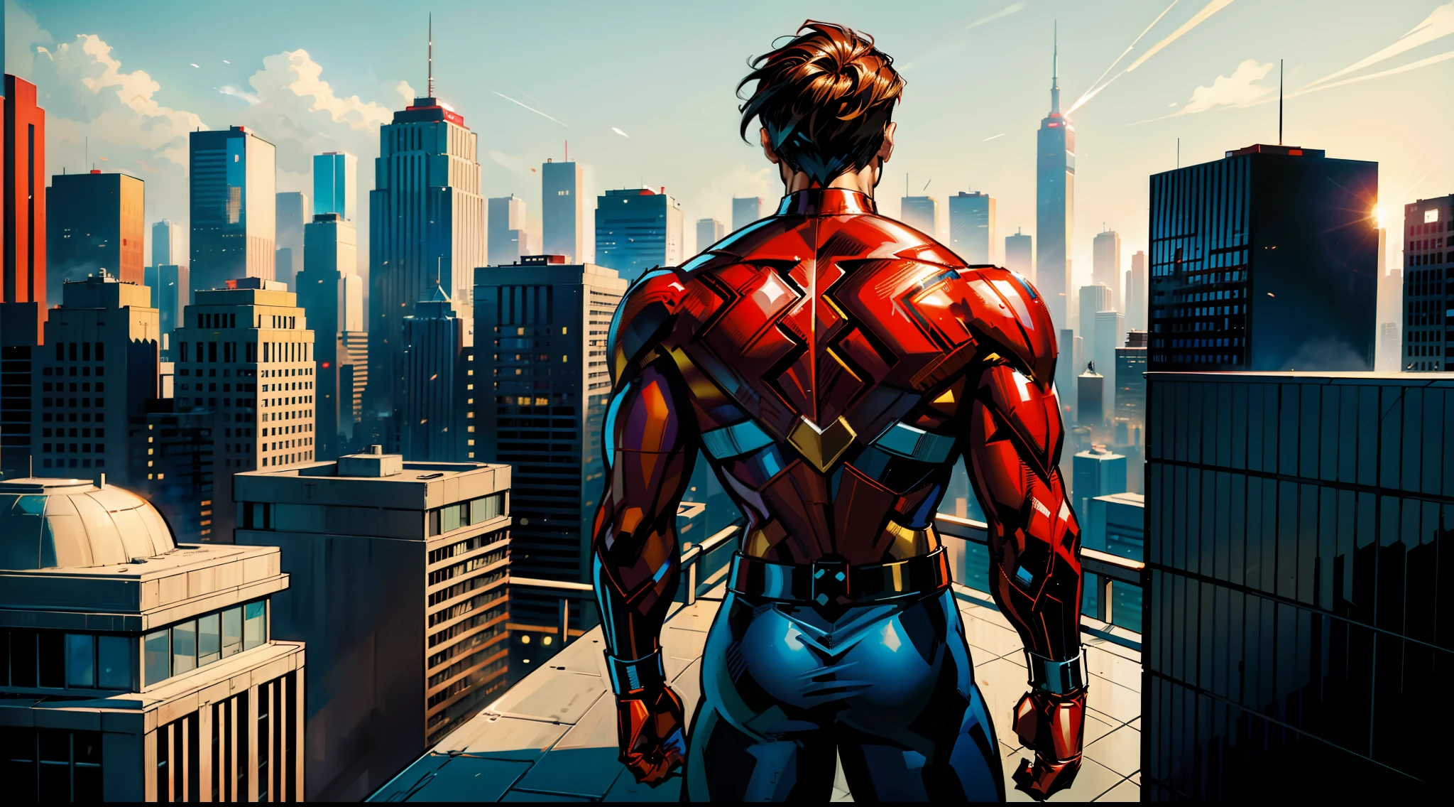 男人, 超級英雄, 身穿紅白超級英雄服裝, 他的服裝中最少的金色細節, 從後面看, 楼顶, 以現代城市為背景, 透過史丹李, 通過吉姆李, 喬·班尼特, 漫畫風格, modern 漫畫風格.