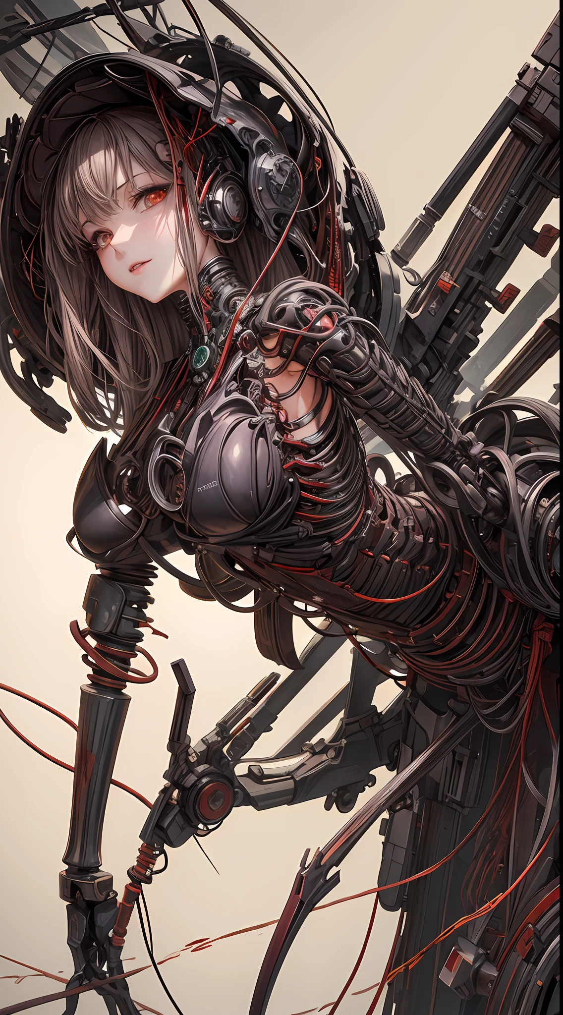 (((Masterpiece))), ((Best Quality)), (Super Detail), (CG Illustration), (Very Evil and Beautiful)), Cinematic Light, ((1 Mechanical Girl)), Single, (Mechanical Art: 1.4), ((Mechanical limb)), (Blood vessel attached to a tube), ((Mechanical spine attached to the back)), ((Mechanical cervical vertebrae attached to the neck), (Back to the viewer)), expressionless, ( Wires and cables attached to the head and body: 1.5), Science Fiction, Apocalypse, Ruins, (Lower Body Integrated with Mechanical Devices), (Blood: 1.5), Cruelty, Absurdity, Eroticism, Fusion with Machines, Doomsday Time, Super Future, Inorganic, Laboratory, Restraint, (Beautiful Indulgence: 1.2), (1 Girl: 1.3), Body Wrapped Around Mechanical Tentacles