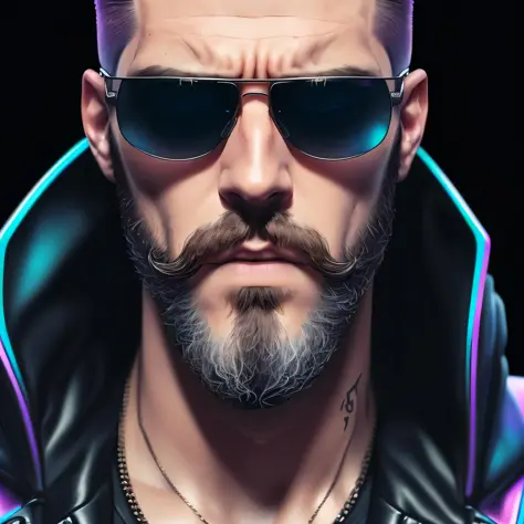 a man with a beard and sunglasses, cyberpunk art, RAW photo, FUJI XT3, photorealism, hyper realistic, stunning gradient colors, stylized portrait h 704, pompadour, twitch streamer, cold colors. insanely detailed, t-800, no watermark signature, in rich colo...