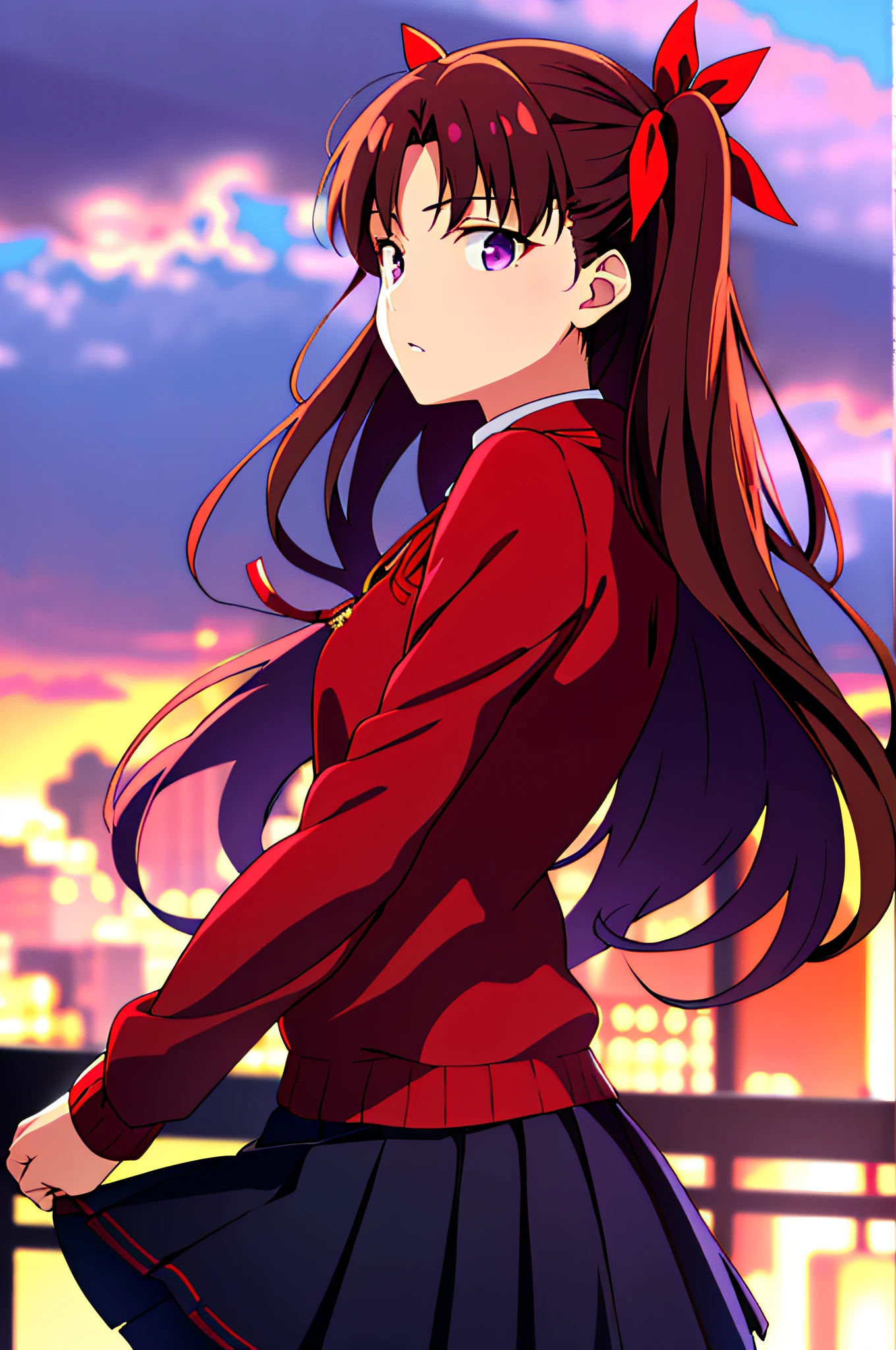 (Canción representativa: 1.4), (mejor calidad: 1.4), Rin Tohsaka y Sakura Magiri están comprando juntas,
((Sakura Bush;:1.2), ojos morados, cabello purpura, cinta, hair cinta, Homurahara Gakuen uniform, chaqueta cafe, pelo largo, red cinta)), ((Tohsaka Rin), Golpes, black falda, blue eyes, Pelo castaño, tiro de vaquero, de un lado, pelo largo, mangas largas, mirando hacia el lado, parted Golpes, Labios partidos, pleated falda, red suéter, firma, falda, solo, suéter, dos lados hacia arriba ,))
Parte superior del cuerpo, mira al espectador,
ciudad, ciudadscape, cielo, Noche