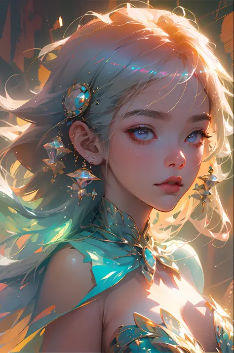 semi-realistic anime photo, high quality, A fairy falling from the sky, translucent with multicolored glitters, white dress, symmetrical face, golden hour, soft, focused, highly detailed, hyperrealistic, dramatic lighting, elegant, intricate, concept art, ...