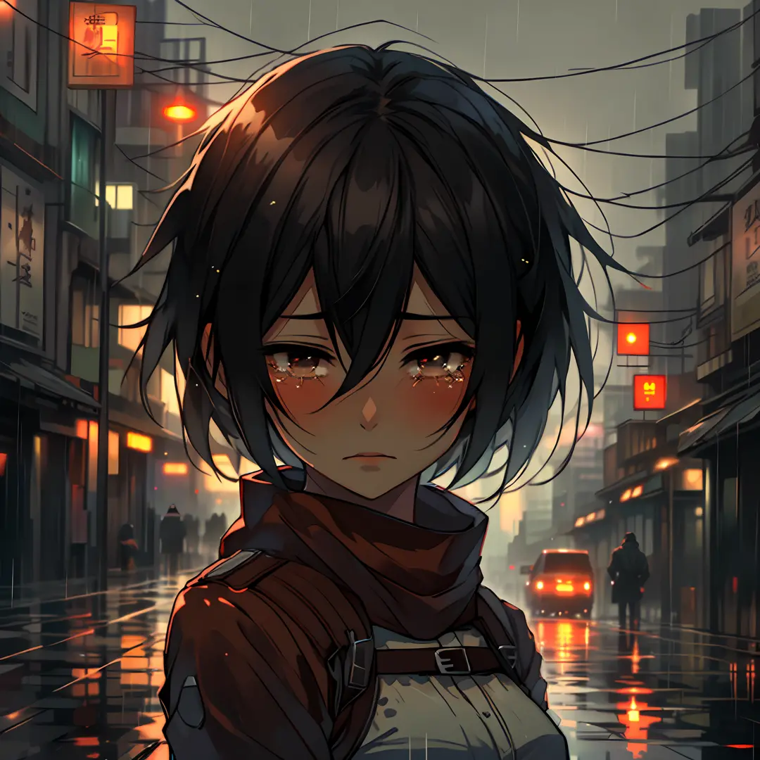 woman  crying , sad, rainy weather, reflection of the city lights reflecting off the wet parts, mikasa