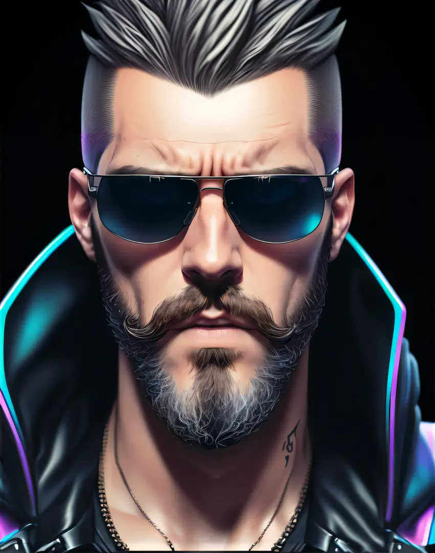 A closeup of a man with a beard, detailed hair and sunglasses, portrait of a cyberpunk man, cyberpunk guy, cyberpunk style, hyper-realistic, hyper-realistic cyberpunk style, cyberpunk portrait, cyberpunk character, detailed character portrait, cyberpunk sh...