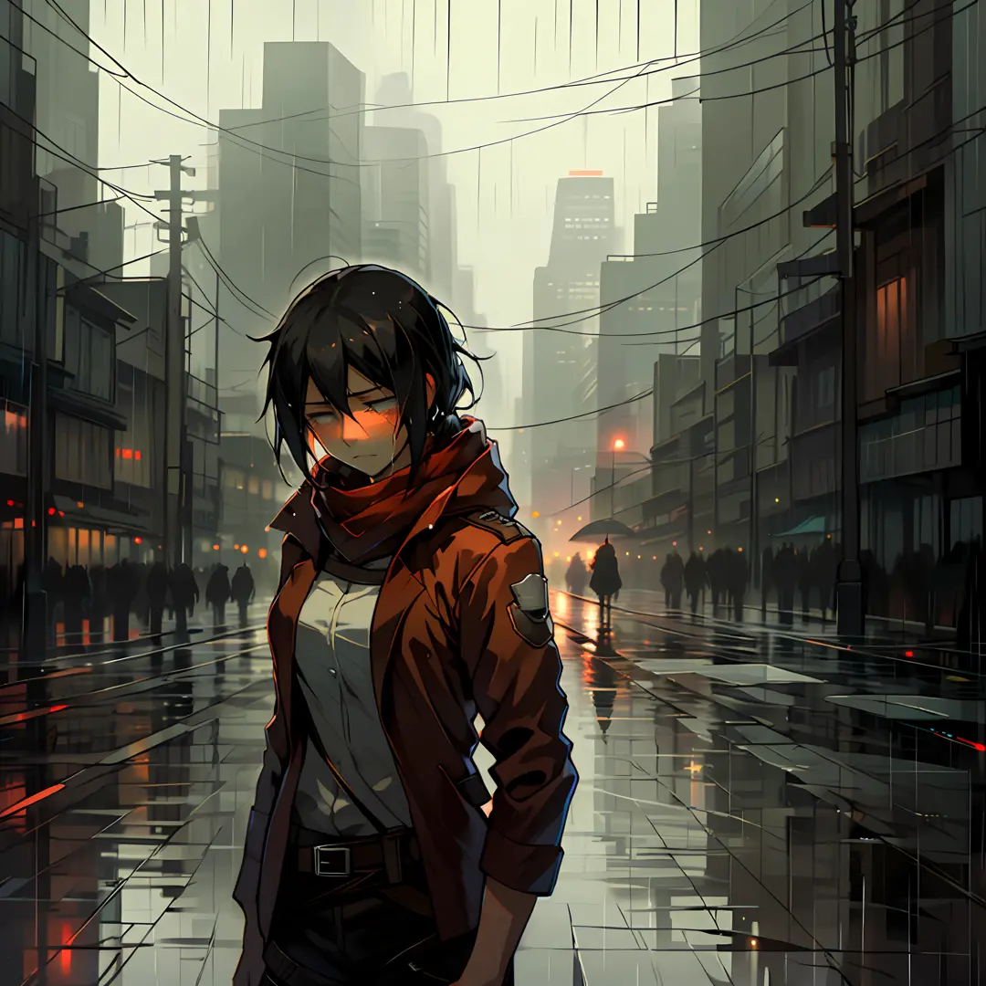 woman  crying , sad, rainy weather, reflection of the city lights reflecting off the wet parts, mikasa