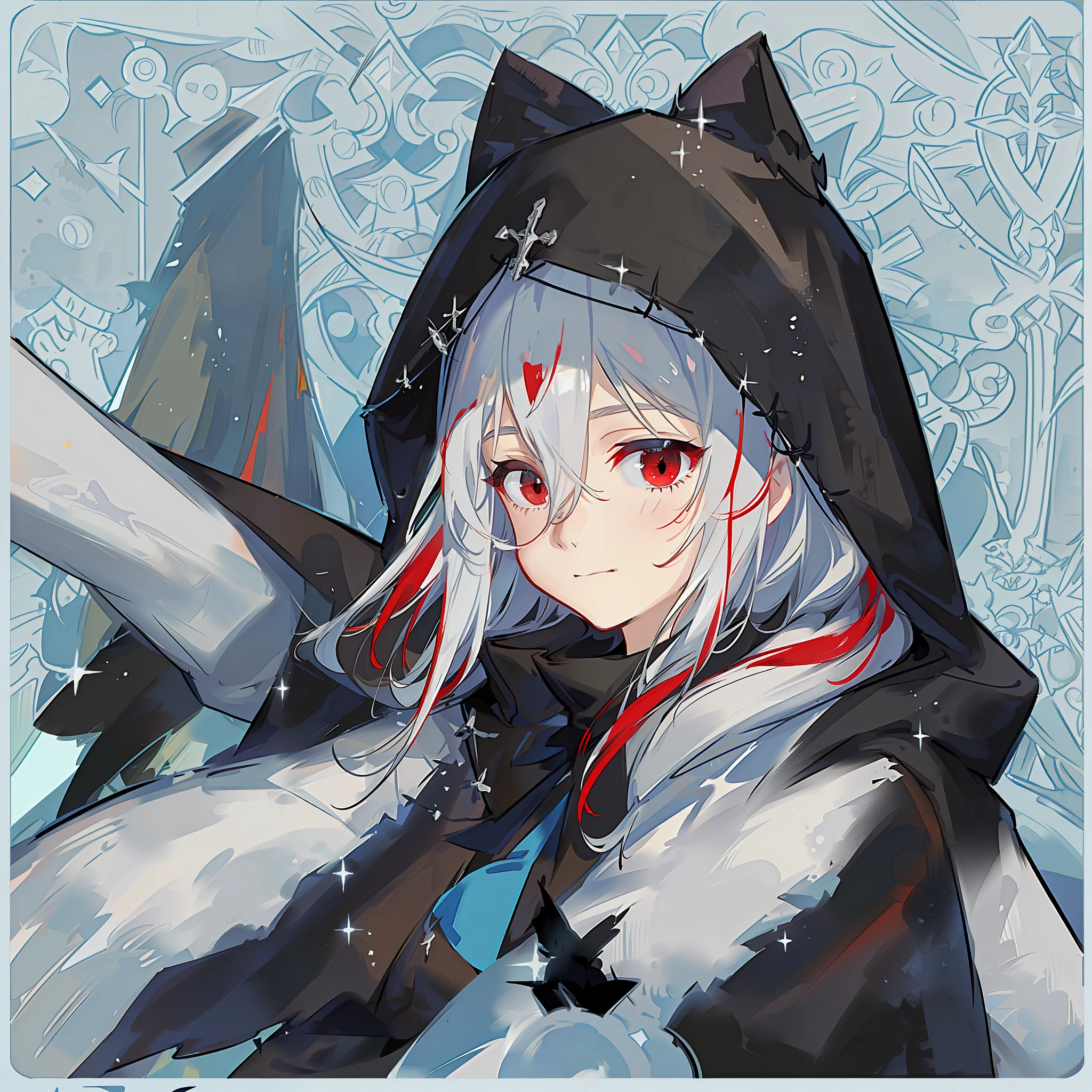 girl, black robe, hood, cloak, red eyes, long white hair, faint smile, full body, red-haired witch