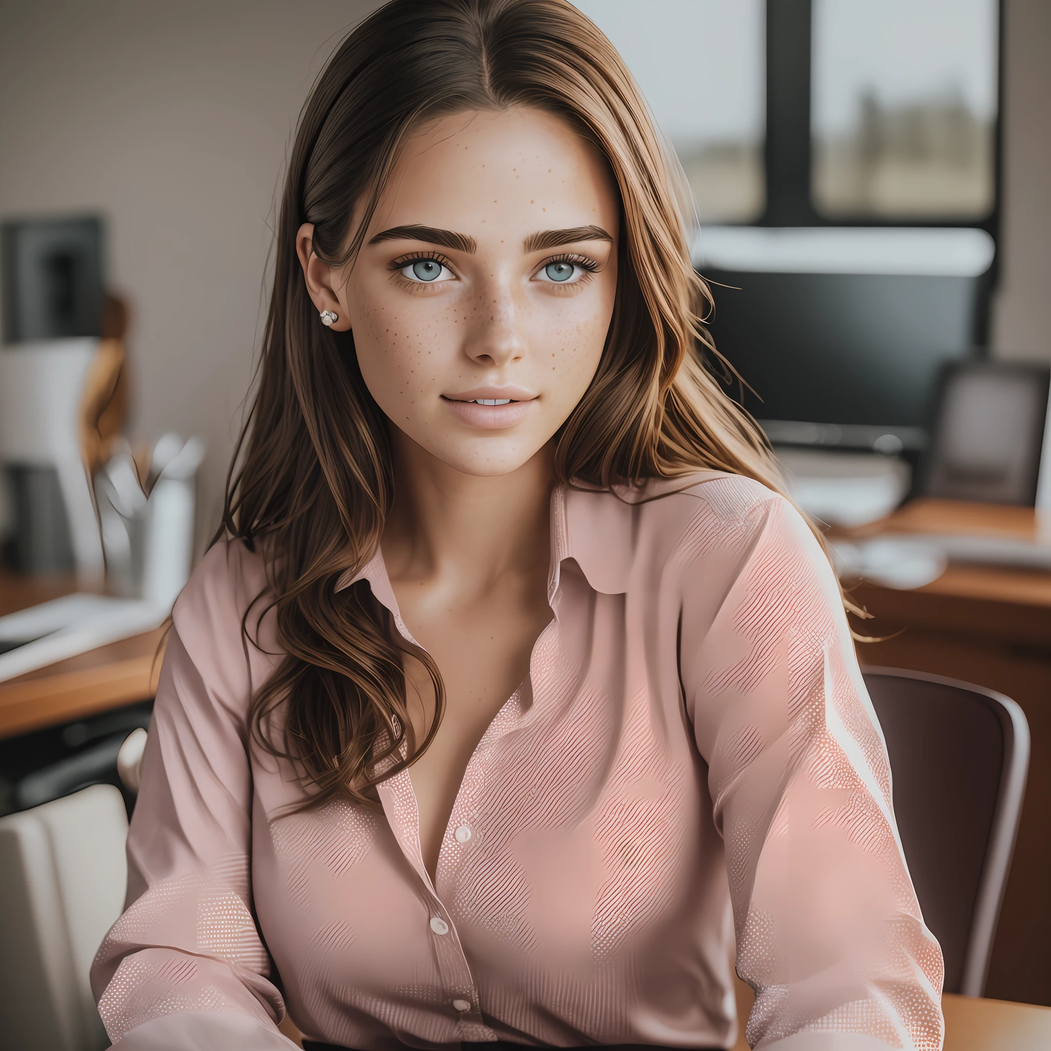 Woman with realistic brown hair, light eyes, perfect and flushed lips, 2, dressed in red dress shirt, freckles on the body, (freckles) ultra realistic, perfect lighting, photorealistic, highly detailed, perfect, hyperrealistic, real person, lots of sharpness, cinematic lighting, sitting on the desk facing a notebook, modern office room, realistic details, insane detail, natural lighting,  Natural skin, wallpaper Resolution: 16 x 9 --auto --s2