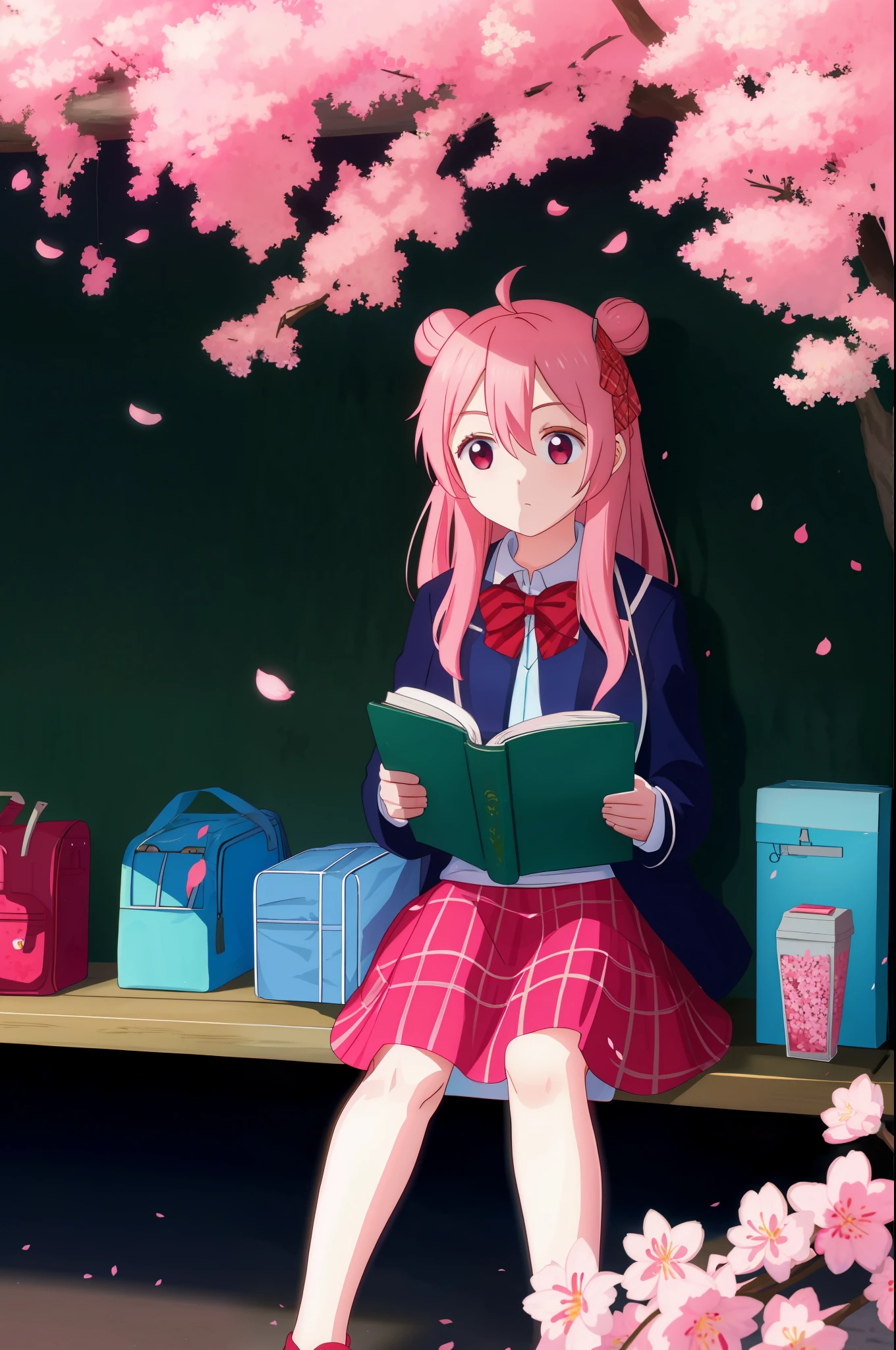 桜の下に座って本を読んでいる女の子