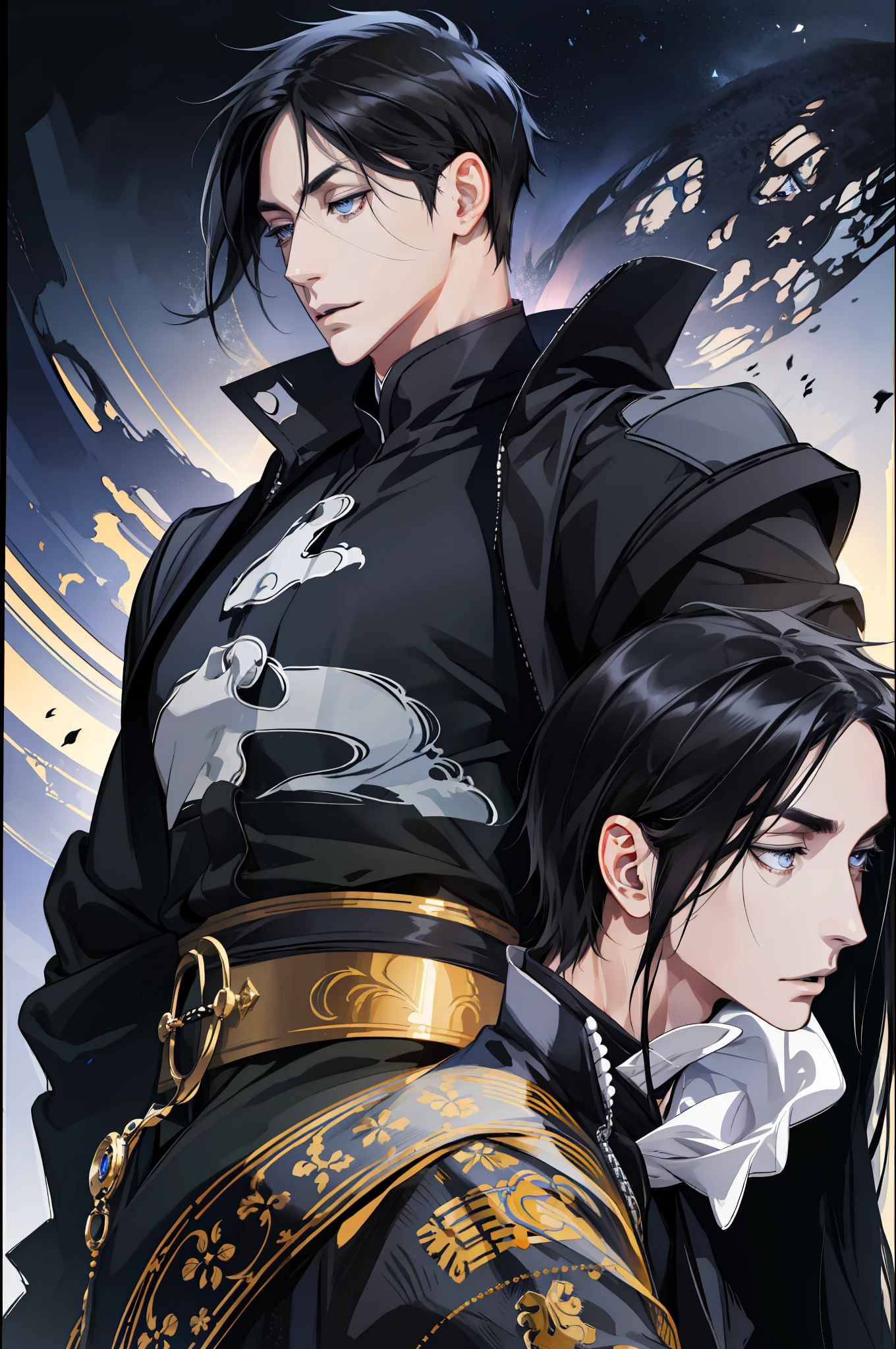 (absurd, high resolution, ultra detailed), 1 man, adult, handsome, tall and muscular boy, broad shoulders, finely detailed eyes and detailed face, short black hair, sasuke, onyx colored eyes, aristocrat, magnificent background, shadow effect, throne,