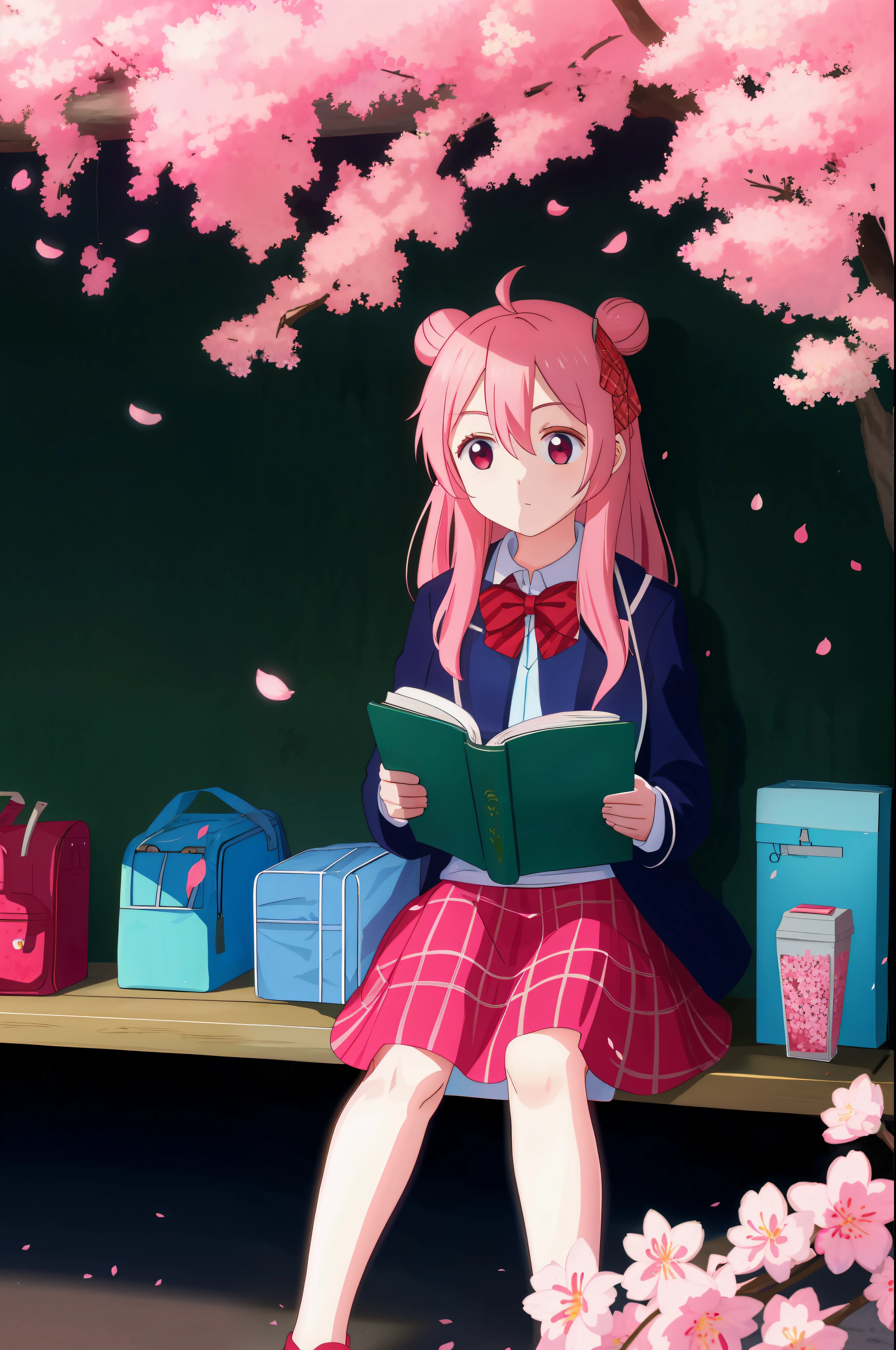 Chica sentada bajo flores de cerezo leyendo un libro