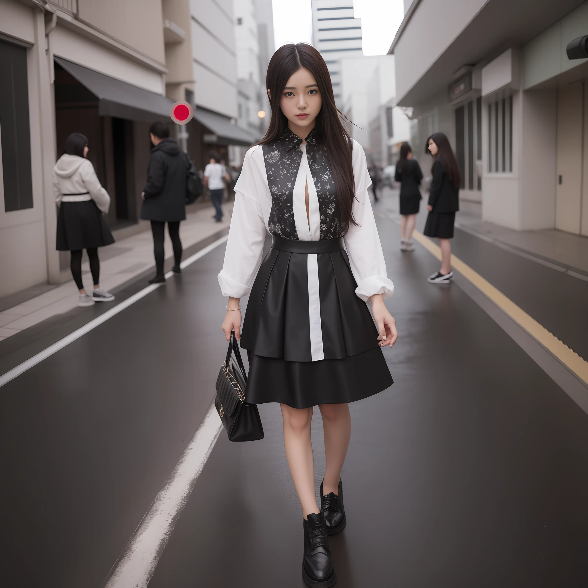 Araf woman in black skirt and white shirt posing on the sidewalk, monotone costume, wearing jacket and skirt, wearing white skirt, elegant clothes, elegant girl in urban clothes, Korean woman fashion model, on the street, on the street, girl silver hair, high-end fashion photo shoot, wearing black dress, heavy rain, top quality, Full body shown, Japan, Taiwanese, beauty, fine skin, best image quality