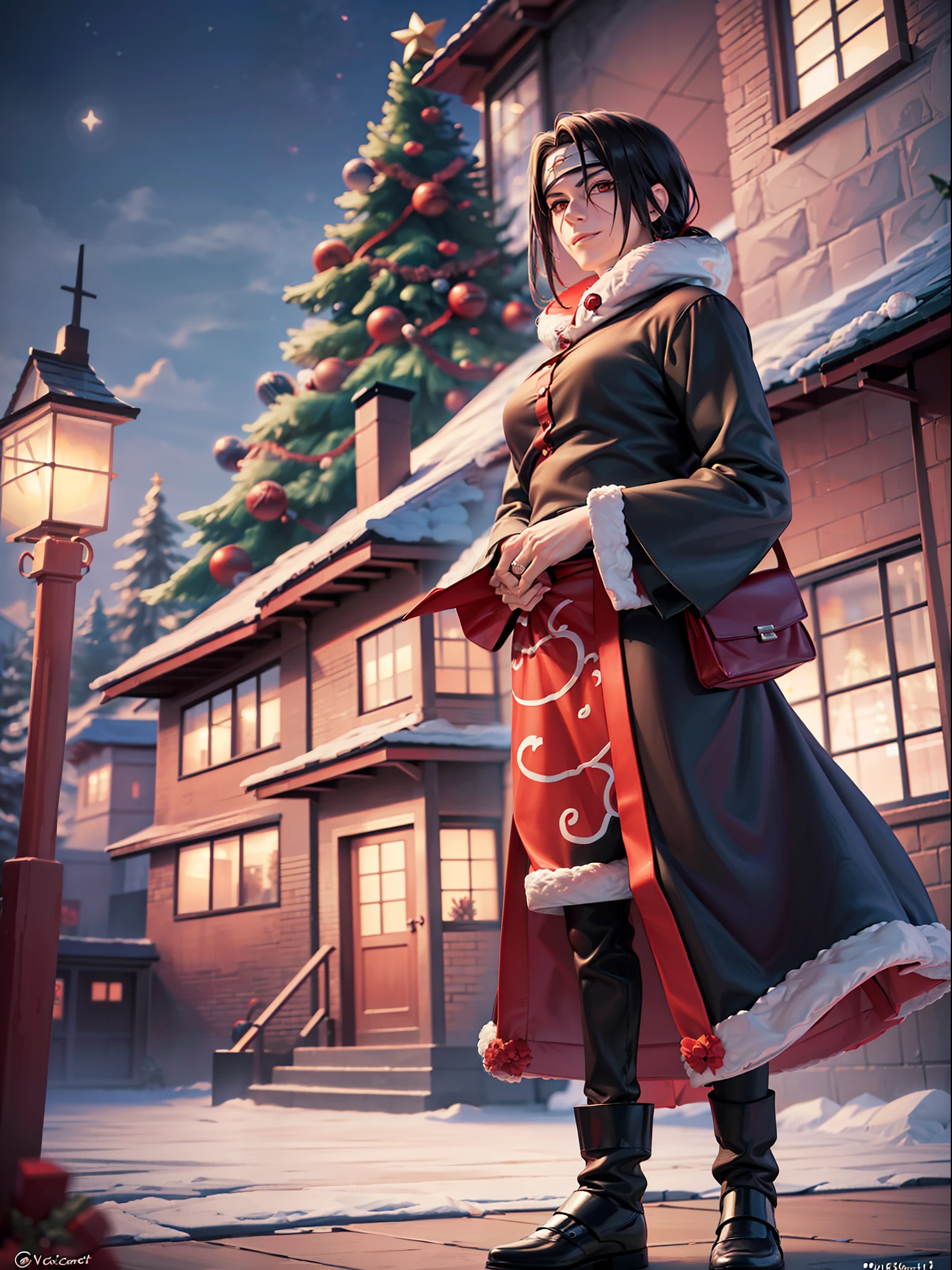 ((全身):1.5), {Uchiha Itachi}, ただ {Uchiha Itachi} ((クリスマスラジェと非常に, ギフトバッグを持つ):1.3)), のみ {Uchiha Itachi} ((視聴者を見て, 彼の顔に幸せと躁病の笑顔の表情で):1.3), ((大きなクリスマスツリーが横にある煙突の前の家の中)), アニメ, アニメ-style,  16k, 高解像度, ((最高品質, 細部までこだわった:1.5), 超高解像度, ((傑作))