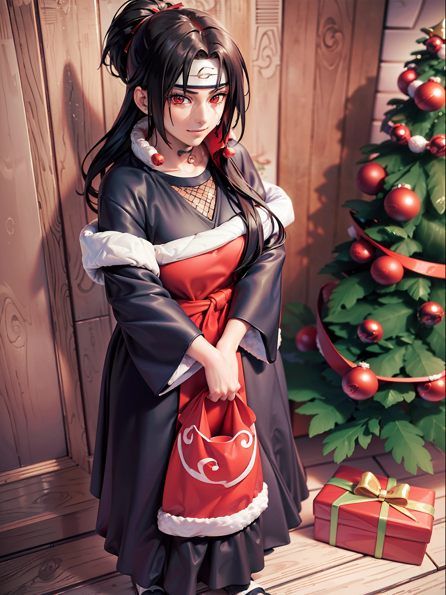 ((全身):1.5), {Uchiha Itachi}, ただ {Uchiha Itachi} ((クリスマスラジェと非常に, ギフトバッグを持つ):1.3)), のみ {Uchiha Itachi} ((視聴者を見て, 彼の顔に幸せと躁病の笑顔の表情で):1.3), ((大きなクリスマスツリーが横にある煙突の前の家の中)), アニメ, アニメ-style,  16k, 高解像度, ((最高品質, 細部までこだわった:1.5), 超高解像度, ((傑作))