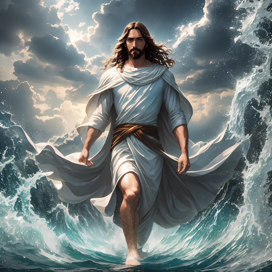 Jesus walking on water in a storm, soft expression, streaks of light descending from the sky, masterpiece, high quality, high qu...